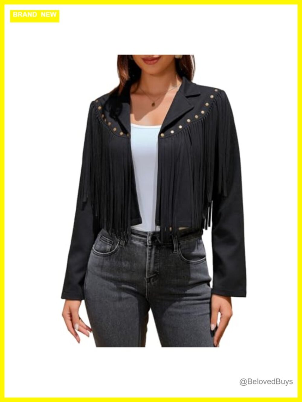 Faux Suede Leather Fringe Jacket Cropped Tassel Motorcycle Open Front Western